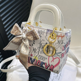 White Brown Graffiti Print Zipper Bag Single Shoulder Crossbody Bag Handbag