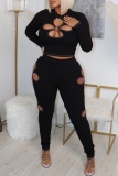 Black Casual O Neck with Open Cut-Outs Long Sleeve Crop Tops and Skinny Pants Two Pieces Trouser Sets