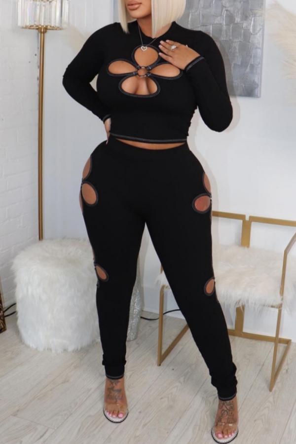 Black Casual O Neck with Open Cut-Outs Long Sleeve Crop Tops and Skinny Pants Two Pieces Trouser Sets