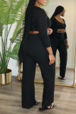 Dark Brown U Neck 3/4 Sleeve Buckle Knit Crop Tops And Wide Leg Pants Casual Two Pieces Trouser Sets