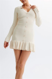 Black V Neck Long Sleeve Hollow Out Belted Ruffle Trim Knitted Chanel Style Bodycon Sweater Mini Dresses