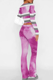 Red Stripe Print O Neck Long Sleeve Crop Sweatshirt And Flare Leg Pants Casual Sportwear Two Pieces Jogger Sets