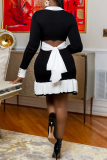 Black V Neck Long Sleeve Hollow Out Belted Ruffle Trim Knitted Chanel Style Bodycon Sweater Mini Dresses