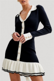 Black V Neck Long Sleeve Hollow Out Belted Ruffle Trim Knitted Chanel Style Bodycon Sweater Mini Dresses