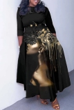 Khaki Brown Graphcis Print O Neck 3/4 Sleeve Belted Waist Casual Outing Plus Size Straight Loose Maxi Dresses