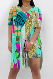 White Green Floral Print V Neck Short Sleeve Longline Slit Oversize T-shirt And Shorts Vacation Two Pieces Shorts Set