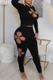 Black Casual O Neck with Open Cut-Outs Long Sleeve Crop Tops and Skinny Pants Two Pieces Trouser Sets