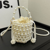 White Pearls Decor Weave Beaded Small Handbags Drawstring Bucket Bag