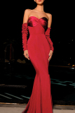 Red Backless Strapless Boot Cut Floor Length Formal Evening Party Prom Wedding Ruched Bodycon Tube Maxi Dresses(Have Arm Covers)
