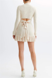 Black V Neck Long Sleeve Hollow Out Belted Ruffle Trim Knitted Chanel Style Bodycon Sweater Mini Dresses