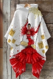 White Red African Girl Print Cape Sleeves Irregular Hem Casual Fall Winter Hooded Sweatshirt