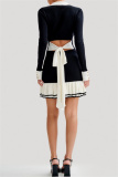 Black V Neck Long Sleeve Hollow Out Belted Ruffle Trim Knitted Chanel Style Bodycon Sweater Mini Dresses