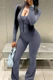 Gray Blue Zipper Collar Long Sleeve Jackets And Sweatpants Casual Sportwear Two Pieces Jogger Sets