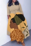 Light Brown Figure Print O Neck 3/4 Sleeve Belted Waist Casual Outing Plus Size Straight Loose Maxi Dresses