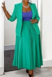Green Turn-back Collar Long Sleeve Blazer Jackets And Pleated Maxi Skirt Plus Size Casual Formal Office Two Pieces Dress Sets