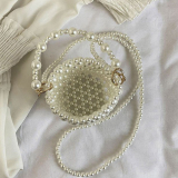 White Pearls Decor Weave Beaded Small Handbags Drawstring Bucket Bag