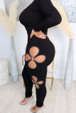 Black Casual O Neck with Open Cut-Outs Long Sleeve Crop Tops and Skinny Pants Two Pieces Trouser Sets