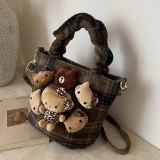 Red Casual Plaid Cartoon Print Zipper Cute Doll Handbag Woolen Bucket Bag