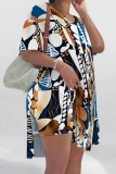 White Green Floral Print V Neck Short Sleeve Longline Slit Oversize T-shirt And Shorts Vacation Two Pieces Shorts Set