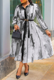 Orange Red Graphics Print Turndown Collar Long Sleeve Buckle With Belt Long A Line Maxi Shirt Dresses