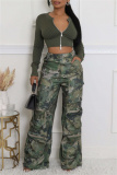Casual Camouflage Print Pocket Straight High Waist Wide Leg Cargo Pants