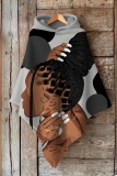 Brown Figure Print Cape Sleeves Irregular Hem Casual Fall Winter Hooded Sweatshirt