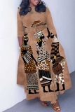 Brown African Girl Print O Neck 3/4 Sleeve Belted Waist Casual Outing Plus Size Straight Loose Maxi Dresses