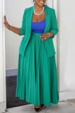 Green Turn-back Collar Long Sleeve Blazer Jackets And Pleated Maxi Skirt Plus Size Casual Formal Office Two Pieces Dress Sets