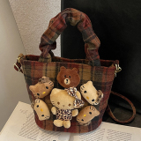 Red Casual Plaid Cartoon Print Zipper Cute Doll Handbag Woolen Bucket Bag