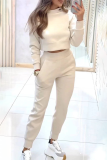Apricot Casual Long Sleeve Pocket Crop Sweatshirt And Skinny Pants Casual Sportwear Matching Sweatsuit set