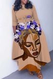 Light Brown Figure Print O Neck 3/4 Sleeve Belted Waist Casual Outing Plus Size Straight Loose Maxi Dresses