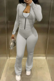 Gray Blue Zipper Collar Long Sleeve Jackets And Sweatpants Casual Sportwear Two Pieces Jogger Sets