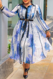 Orange Red Graphics Print Turndown Collar Long Sleeve Buckle With Belt Long A Line Maxi Shirt Dresses