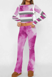 Red Stripe Print O Neck Long Sleeve Crop Sweatshirt And Flare Leg Pants Casual Sportwear Two Pieces Jogger Sets