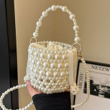 White Pearls Decor Weave Beaded Small Handbags Drawstring Bucket Bag