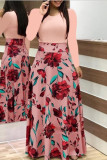 Green Floral Print O Neck Long Sleeve Casual Vacation A Line Flowy Maxi Dresses