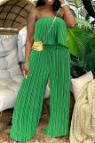 Blue Casual Sleeveless Backless Strapless Pleated Tube Crop Tops And Wide Leg Pants Vacation Two Pieces Trouser Sets