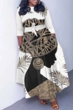 Brown African Girl Print O Neck 3/4 Sleeve Belted Waist Casual Outing Plus Size Straight Loose Maxi Dresses