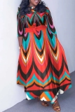 Light Brown Figure Print O Neck 3/4 Sleeve Belted Waist Casual Outing Plus Size Straight Loose Maxi Dresses