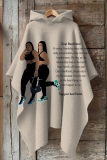 White Red African Girl Print Cape Sleeves Irregular Hem Casual Fall Winter Hooded Sweatshirt