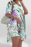 White Green Floral Print V Neck Short Sleeve Longline Slit Oversize T-shirt And Shorts Vacation Two Pieces Shorts Set