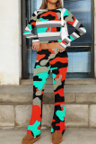 Red Stripe Print O Neck Long Sleeve Crop Sweatshirt And Flare Leg Pants Casual Sportwear Two Pieces Jogger Sets