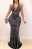 Black Striped with Hot Drilling Deep V Neck Sleeveless Open Back Formal Evening Party Prom Gown Bodycon Halter Shimmer Maxi Dresses