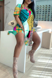 White Green Floral Print V Neck Short Sleeve Longline Slit Oversize T-shirt And Shorts Vacation Two Pieces Shorts Set