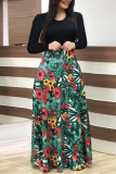 Green Floral Print O Neck Long Sleeve Casual Vacation A Line Flowy Maxi Dresses