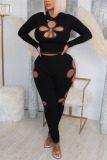 Black Casual O Neck with Open Cut-Outs Long Sleeve Crop Tops and Skinny Pants Two Pieces Trouser Sets