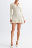 Black V Neck Long Sleeve Hollow Out Belted Ruffle Trim Knitted Chanel Style Bodycon Sweater Mini Dresses