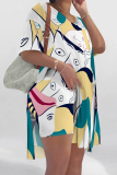White Green Floral Print V Neck Short Sleeve Longline Slit Oversize T-shirt And Shorts Vacation Two Pieces Shorts Set