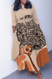 Khaki Brown Graphcis Print O Neck 3/4 Sleeve Belted Waist Casual Outing Plus Size Straight Loose Maxi Dresses