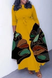 Brown African Girl Print O Neck 3/4 Sleeve Belted Waist Casual Outing Plus Size Straight Loose Maxi Dresses